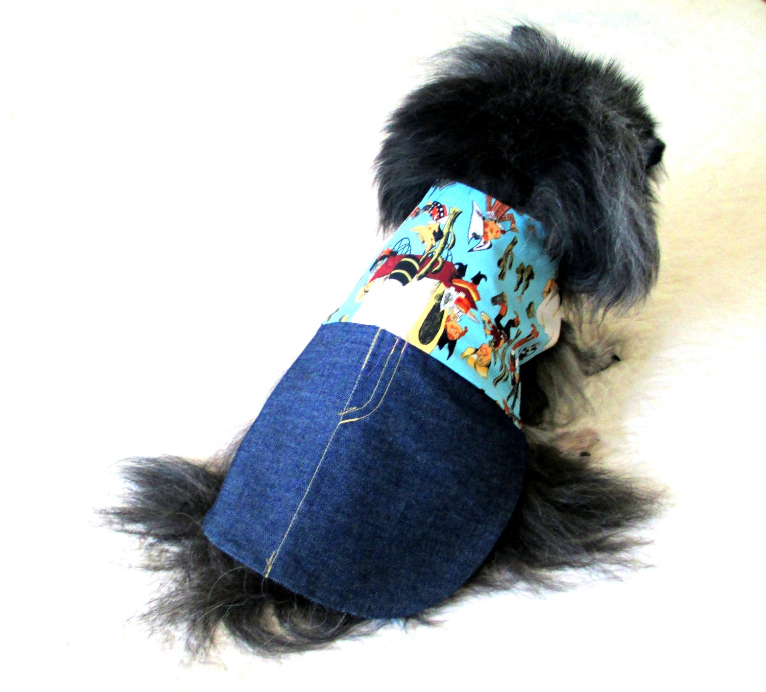 Western Dog Clothes for Small Sizes - One-piece Multicolored Cowboy Shirt & Indigo Jeans Pomeranian Poodle