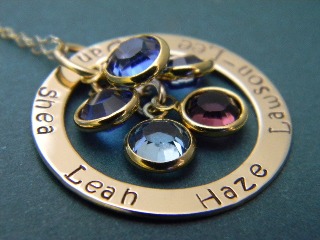 Mother, Grandmother, Nana 14kt Gold Fill Personalized Custom Made 5, Five Name Necklace on 1" Washer with Birthstones