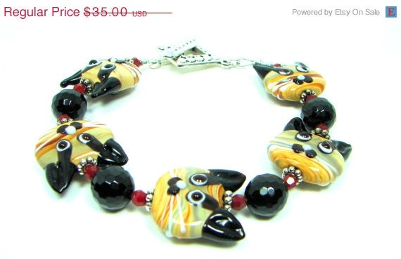 SALE Cat Bracelet, Brown Cats, Taffy Cat, Lampwork Bracelet, Sterling Silver, Pewter, Meow