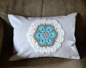 Decorative Throw Accent Pillow 12 X 16 African Flower Crochet Applique Turquoise Beige  White