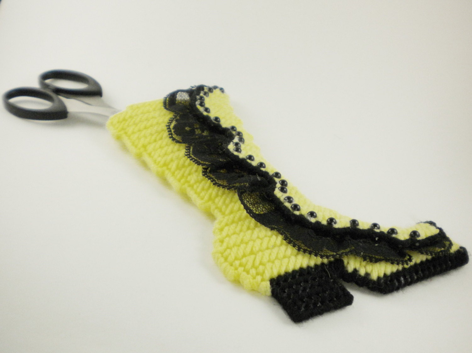 Crochet Pale Yellow Boot Scissors Case - Black and Yellow Southern Belle Boot with Scalloped Lace Detail - Sewing Kit Scissors