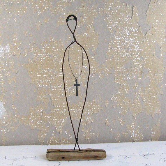 The Cross Wire Sculpture on Driftwood Mixed Media Wood Art