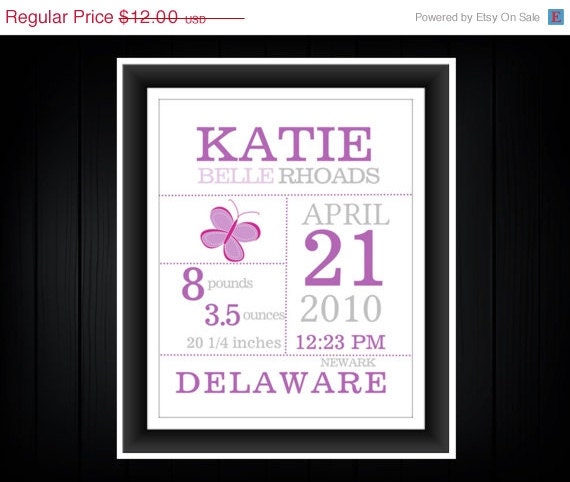 SALE Baby Girl Custom Birth Announcement Print 8x10
