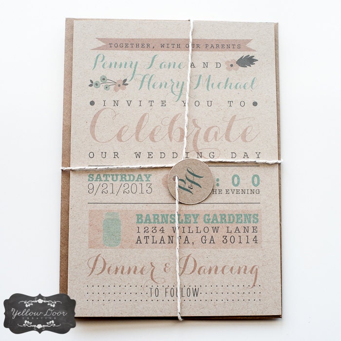 Wedding Invitation / / Rustic & Modern Kraft Paper Invitation / / Pink, Peach and Teal Calligraphy
