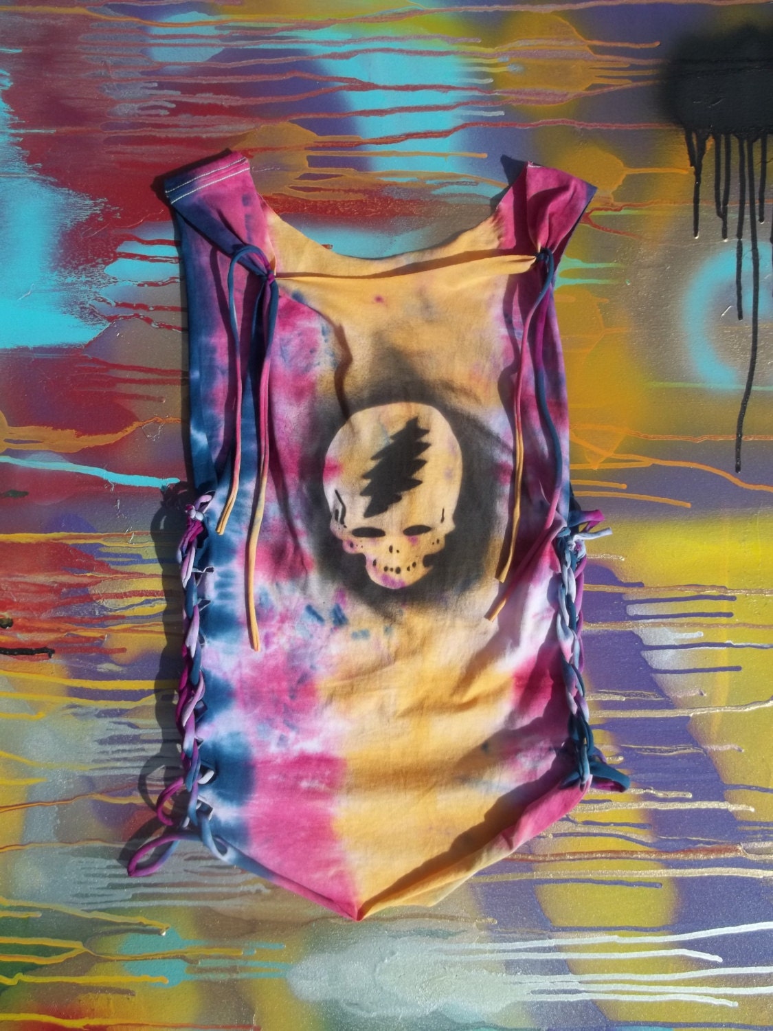 Tropical Burst Tie Dye Grateful Dead Steal Your Face Braided Tank Top  -Made to Order-