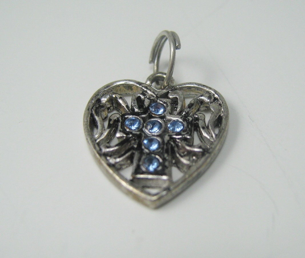 Vintage Silver Tanzanite Rhinestone Cross Heart Pendant Fancy Filligree