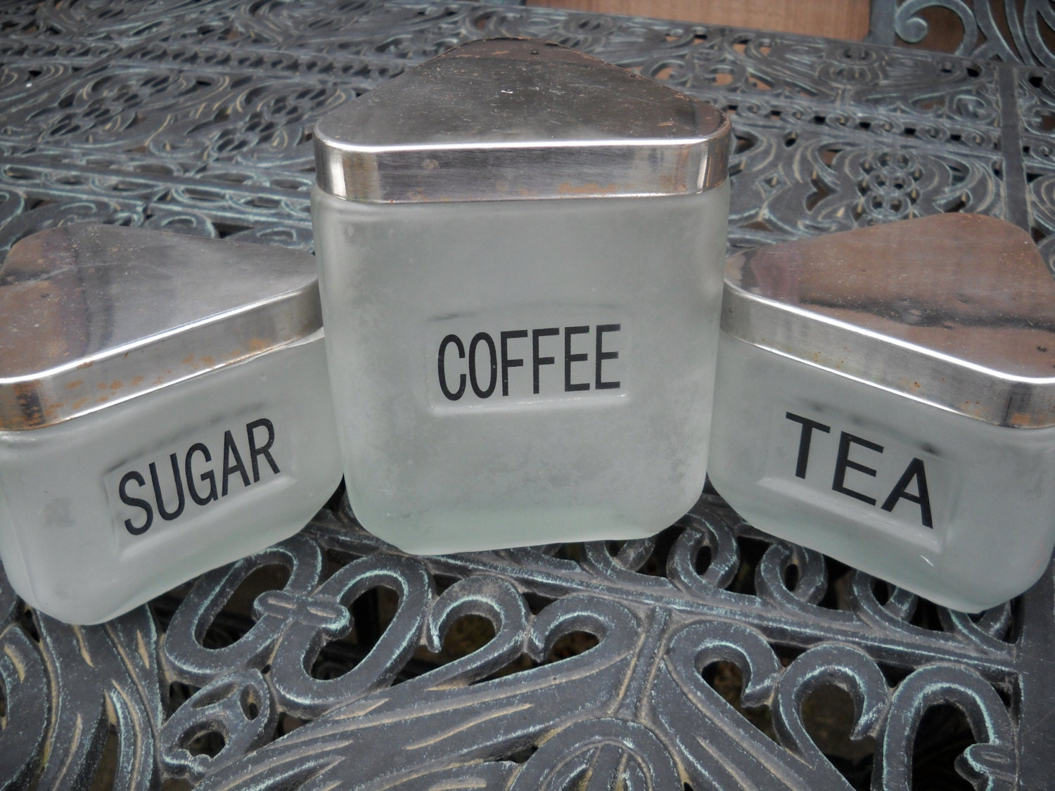 Vintage Canisters, Coffee, Tea, and Sugar, Frosted Glass
