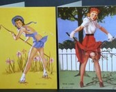 Gardening Calendar Girls Spring Autumn Garden Cards Funny Pin Up Blank Notecards mini set of 2