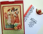 Birthday, handmade pocket card, birthday greeting inside, flower, vintage ladies, apricot, pale green, crystal embellishment, lace trim