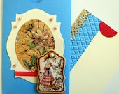 Vintage inspired, handmade pocket card, blank inside, flowers, vintage ladies, blue, apricot, embossed panel, pearls