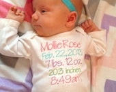Embroidered birth statistics onesie customized for your newborn