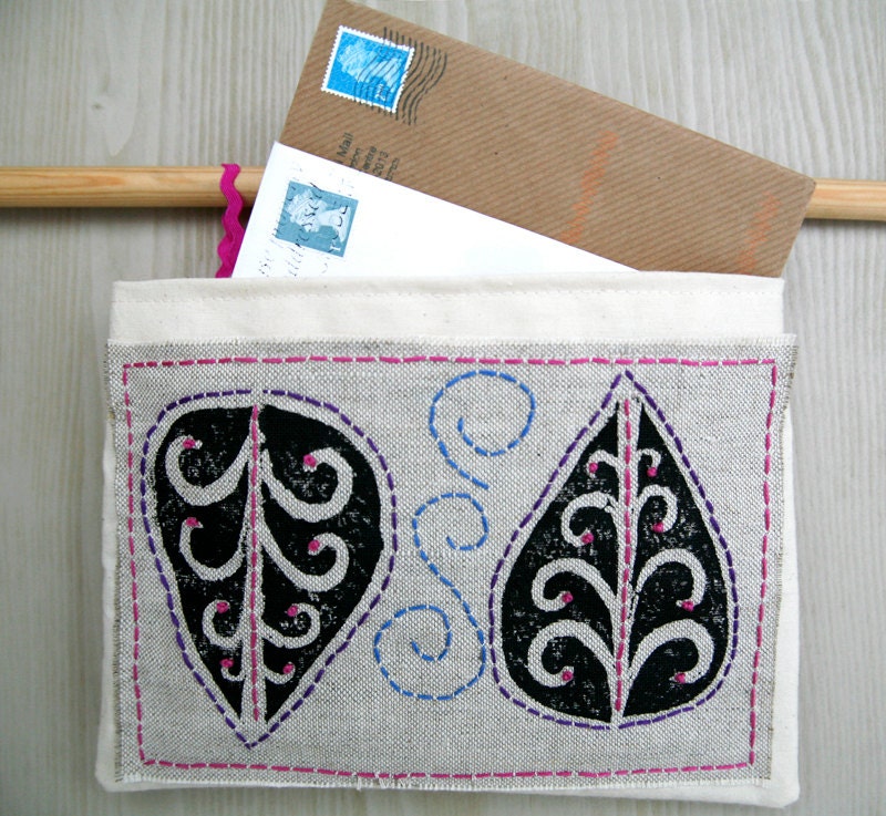 Hand printed embroidered wall organiser - Tree of Life wall pocket storage, linen, black, pink, blue, purple, office, studio, bedroom