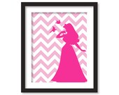 Nursery art - Silhouette of  princess in fuchsia and chevron pink