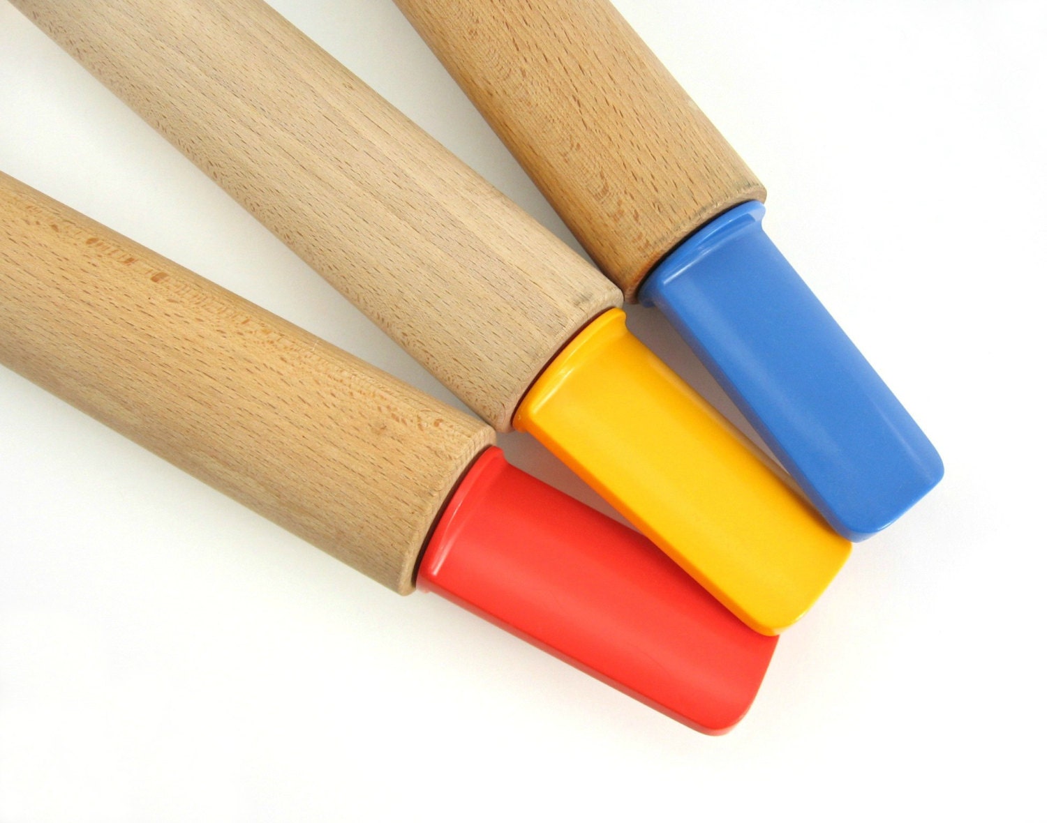 Modernist Wood Rolling Pin / Red Yellow Blue Handles / Koen de Winter Danesco / Rosti Kartell Heller / Space Age Plastic / Made in Canada