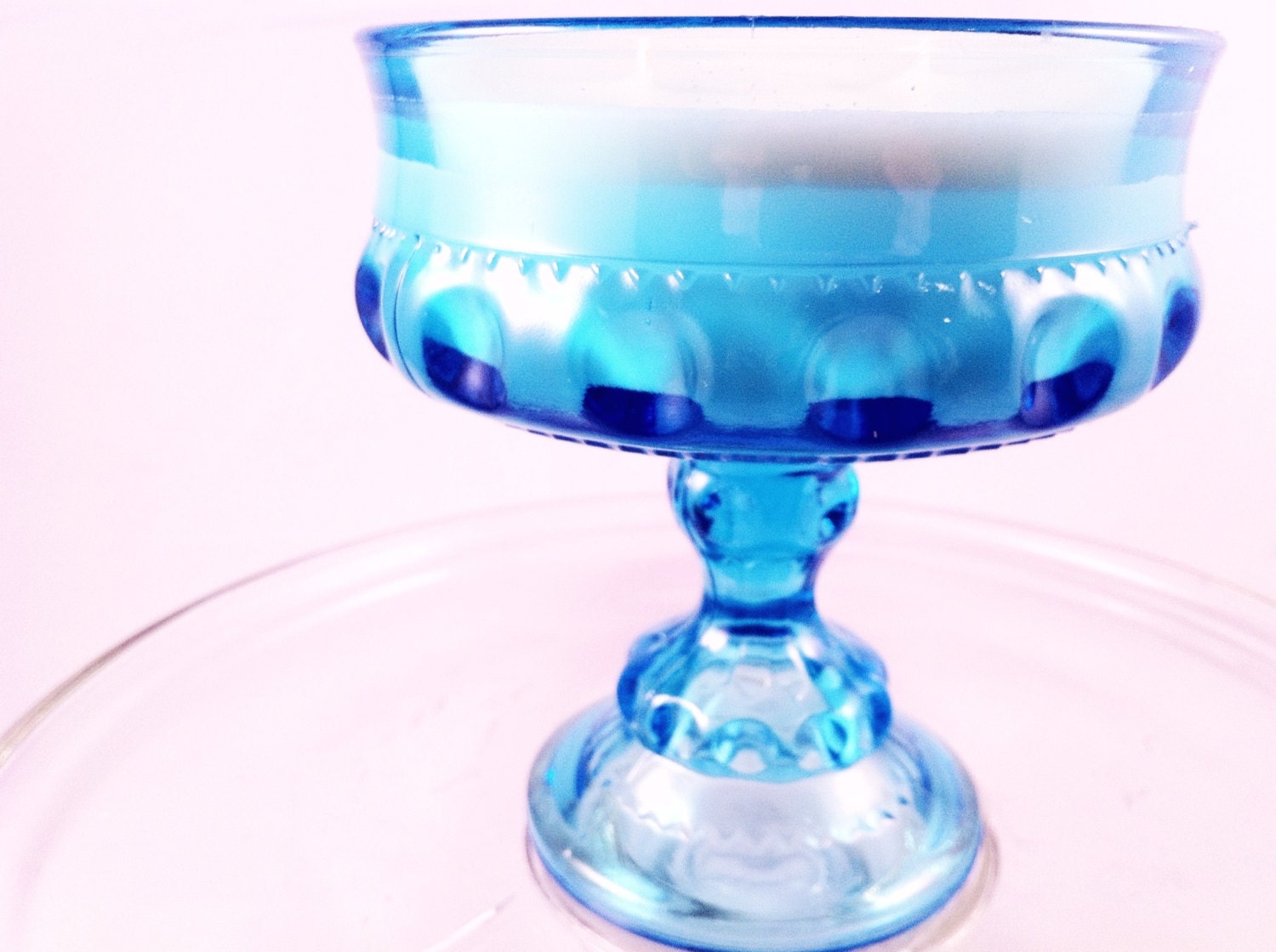Cobalt Blue/Aquamarine Indiana Glass King's Crown Thumbprint Compote Dish Handmade Scented Soy Candle