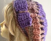 Ooak Unique designer womens/teens chunky hand crocheted/knitted oversized slouch beanie beret hat,purple,multicolour,bow.