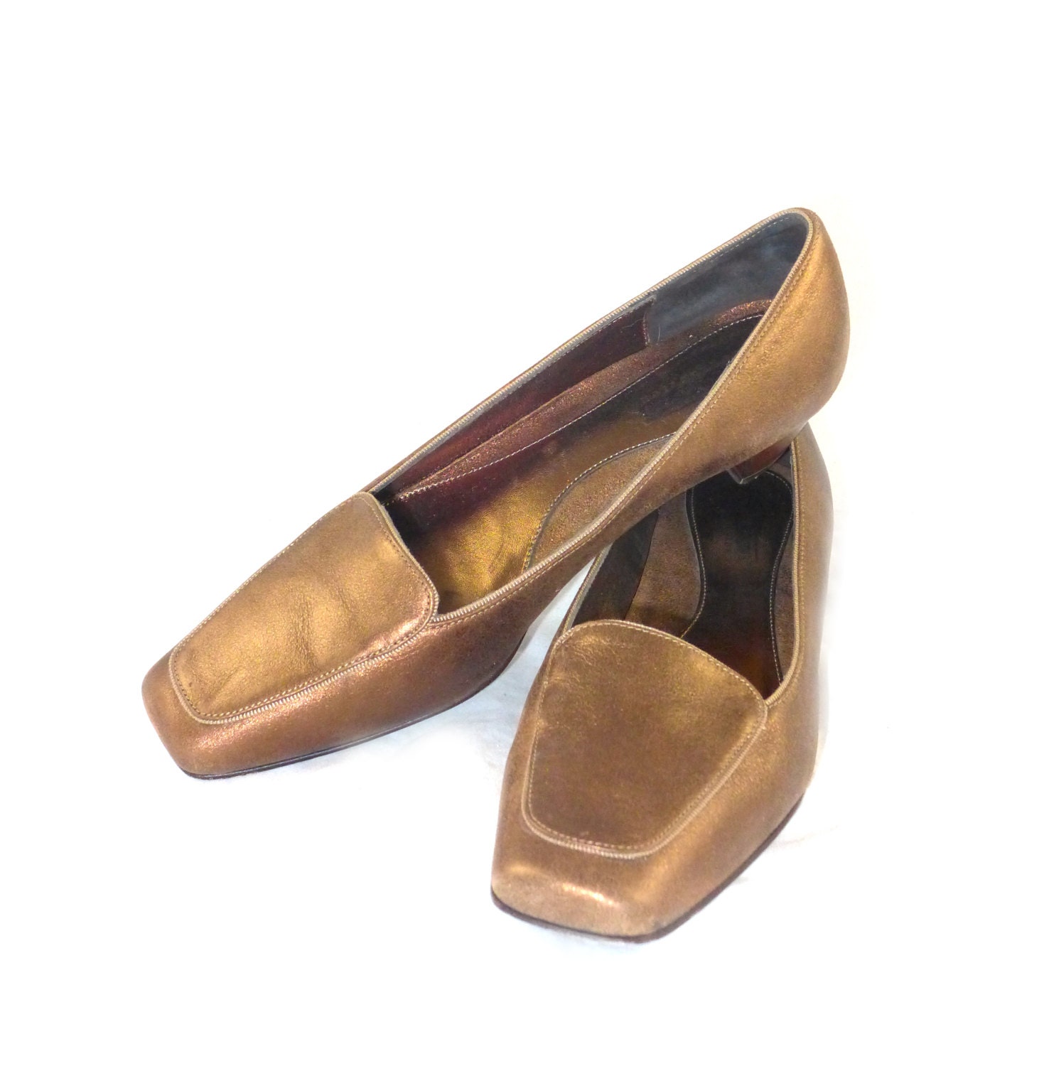Gold / metallic leather loafers / slip ons / slippers - ladies 7.5 M silver bronze flats shoes