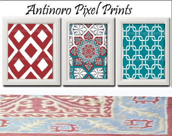 Dusty Rose Light Blue Ikat Vintage / Modern inspired Prints  -Set of (3) - 8 x 10 Prints -  (UNFRAMED)