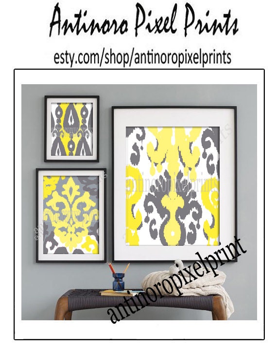 Ikat Collage Yellow Greys Black Art Wall Gallery Digital Print  -Set of (3) -  Prints -  16x20, 8x10, 5x7, (UNFRAMED)
