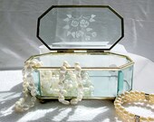 Vintage Glass Jewelry Box Beveled Etched Glass Brass Findings Mirror 1970s
