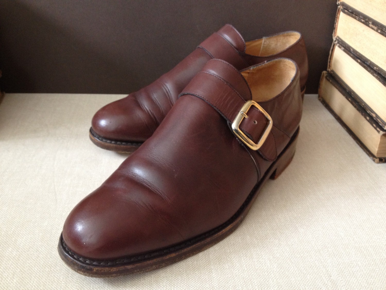 Vtg France Chestnut Brown Calf Leather Buckle Oxford Brogue Size 8.5-9 US / 42 EU