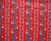 Vintage 70s Bright Red and Teal Blue Little Flower Fabric Striped Garland Daisy Floral Print Mid Century Cotton Kitsch Home Decor BTY CBF