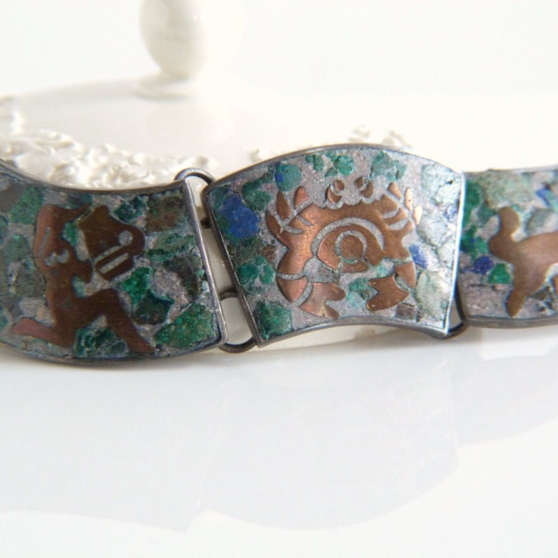 Vintage Mexico Sterling Silver Zodiac Bracelet - Turquoise and Jasper
