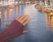 Knit fingerless mittens for women - medium purple (G9B)