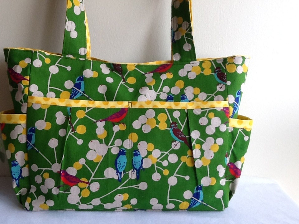 New diaper bag, New pleated Large Diaper Bag, Every Day Large Tote Bag, Beach Bag in Echino Green Bird Cherry Print.