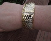 Vintage Gold Tone Bangle.  Patterned Design, Spring Opening, With Rhinestones, Nice Condition