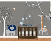 Lion  and Giraffe with Tree Wall Decal - Children's and Infant's Playroom / Bedroom Decoration - Matches Pottery Barn Brady Set