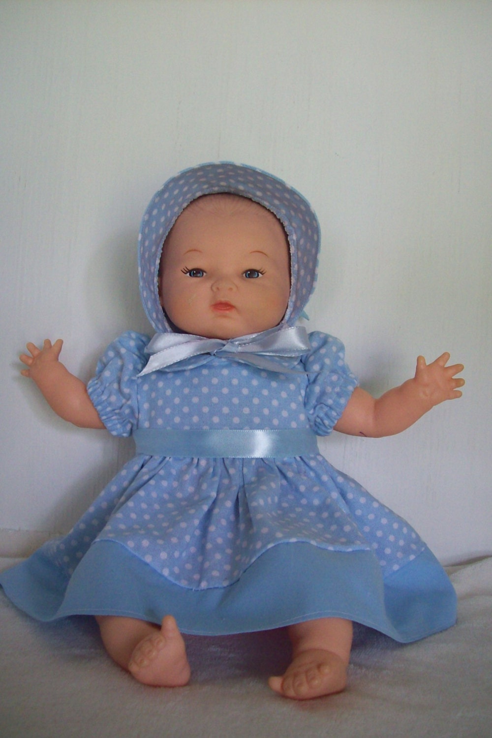 Sky Blue White Polk a Dot  Baby Doll  Dress with Bonnet for 12 to 14 inch Dolls