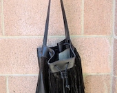 Vintage Large vegan faux black leather hippie bag purse carry all cross body suede tassels fringe