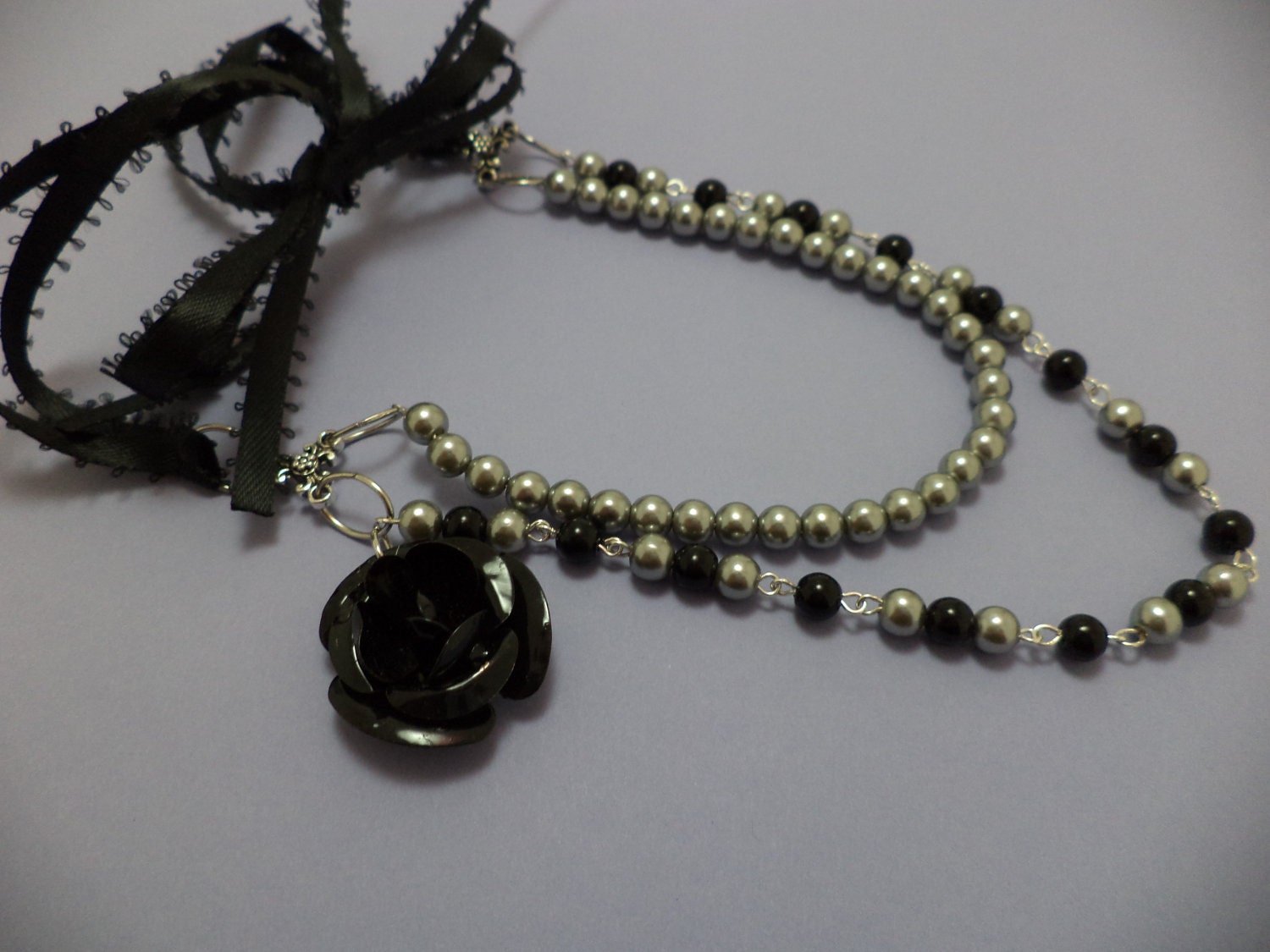 Beautiful, Black, Gray, Pearl, Double Strand, Black Rose, Black Ribbon, Glass Bead, Necklace