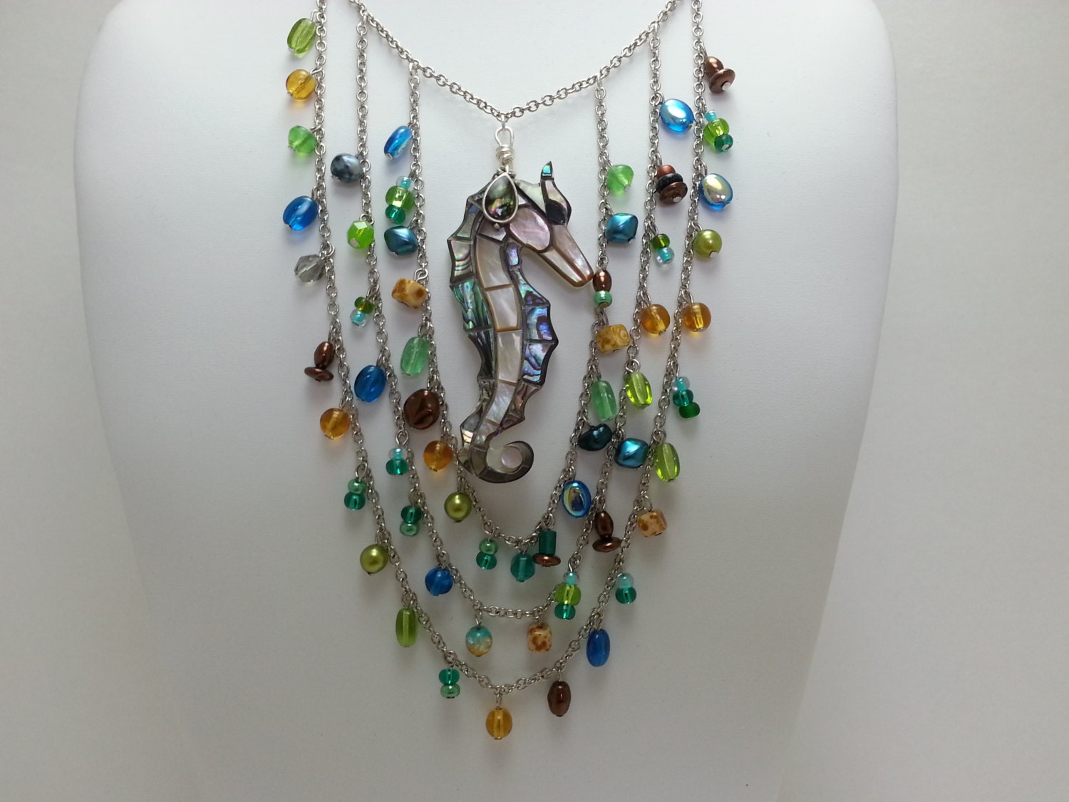 Multicolored Glass Bead Chain Necklace with Abalone Seahorse Pendant Necklace and Matching Earrings - Multistrand, Nautical, Beach, Vacation