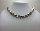 Golden Bronze Glass Pearl and Smoky Topaz Colored Faceted Bicone Crystal Bead Necklace