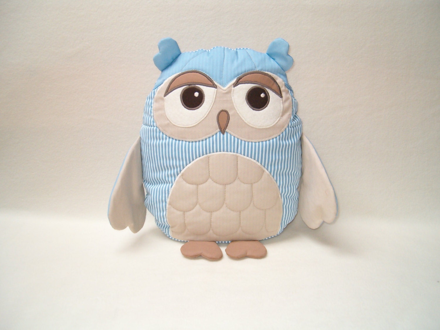 Owl Pillow, Organic Owl TOY Stuffed Animal  Softie  Sky Blue Beige Brown / Al Heart Owl Pillow - HET -