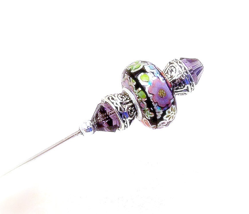 Beaded hat pin black cloisonne floral Victorian vintage style amethyst Swarovski gems Autumn fall scarf lapel bridesmaids gifts TAGT tenX