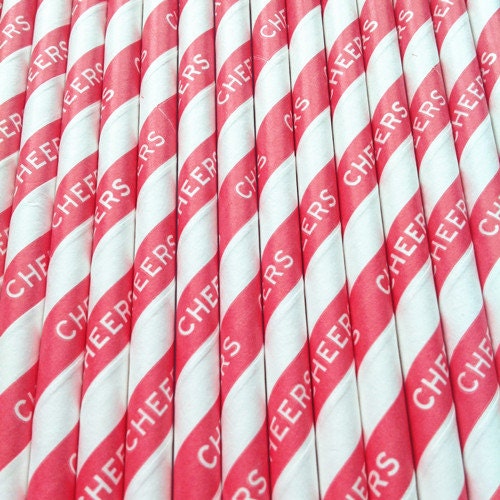 25 Red Striped CHEERS Paper Straws with handmade scalloped white paper flags