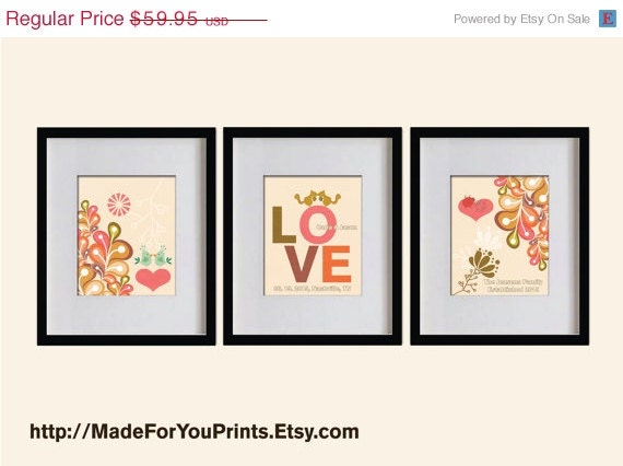 ON SALE Custom Wedding Art Prints Set - Lovely Flowers & Hearts  - Set of 3 - 8X10 - CT002-06-S3 -  Antique white, Pink, Red, Olive, Love