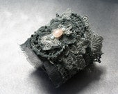 Textile cuff in gray with hand dyed vintage lace and recycled leather, hand sewn, romantic dark jewelry