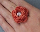 Flower Textile Ring in Salmon, Rhinestone Ring, Weddings Bridal Bridesmaids Fiber Art Flower Jewelry, adjustable