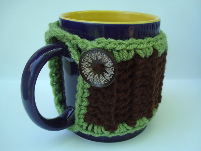 Mug Cozy - Mug Warmer - Mug Hug - handmade crochet - Brown & Green