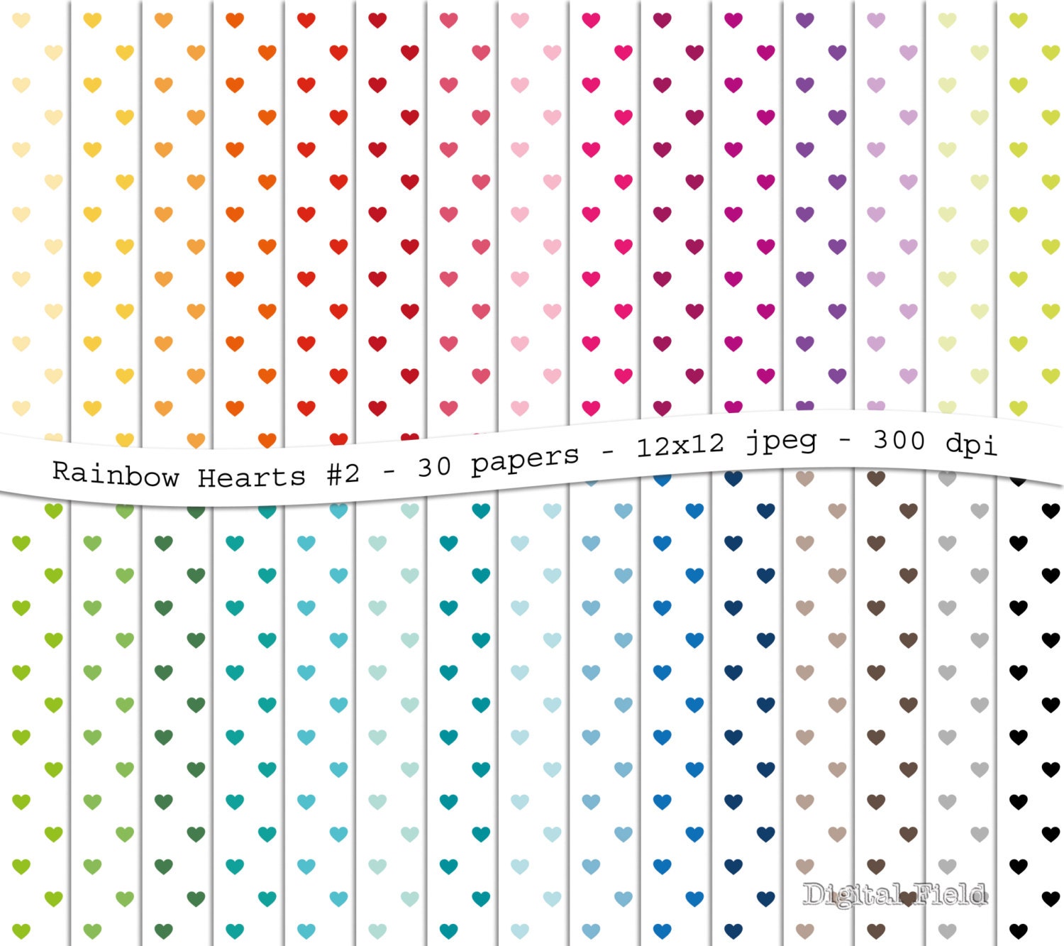 INSTANT DOWNLOAD Rainbow Hearts No. 2 digital scrapbooking paper pack - 30 printable jpeg papers, 12x12, 300 dpi