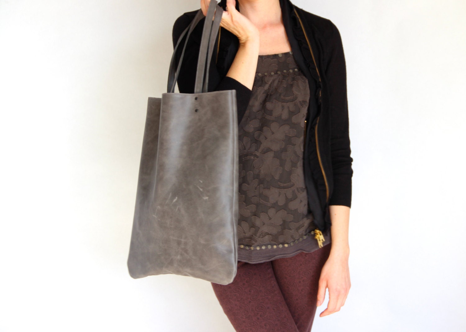 DISTRESSED - gray leather tote bag, eveyday bag, shopper leather bag, premium leather