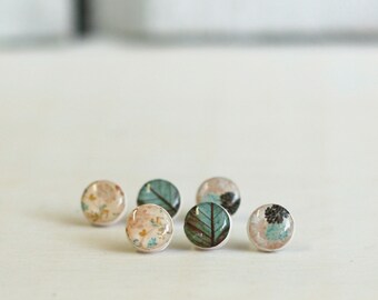 Tiny stud earrings mint leaf and floral earring studs set of 3