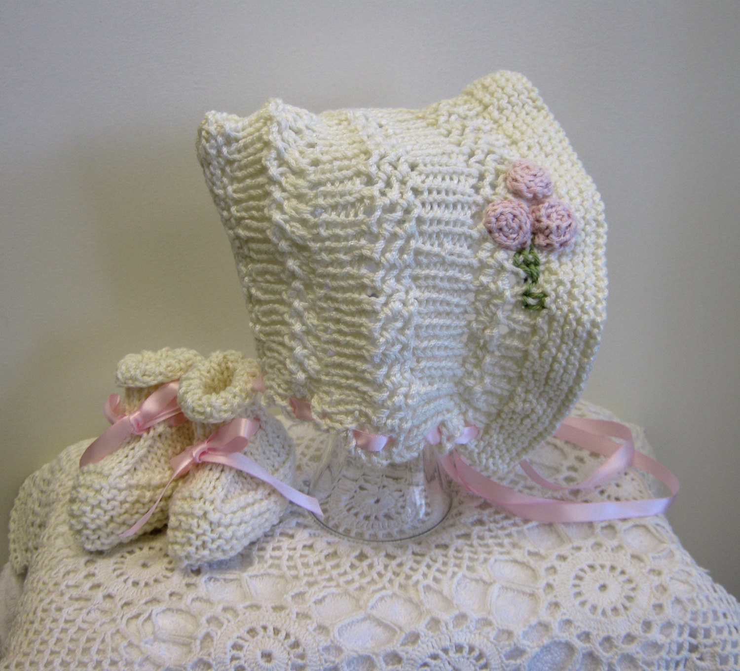 Another Sweet Vintage Lace Baby Bonnet & Bootie Set with Pink Rosebuds and a Ribbon Tie