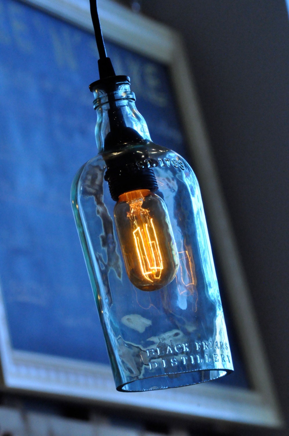 Recycled Black Friar Distillary Gin Bottle Hanging Pendant Lamp