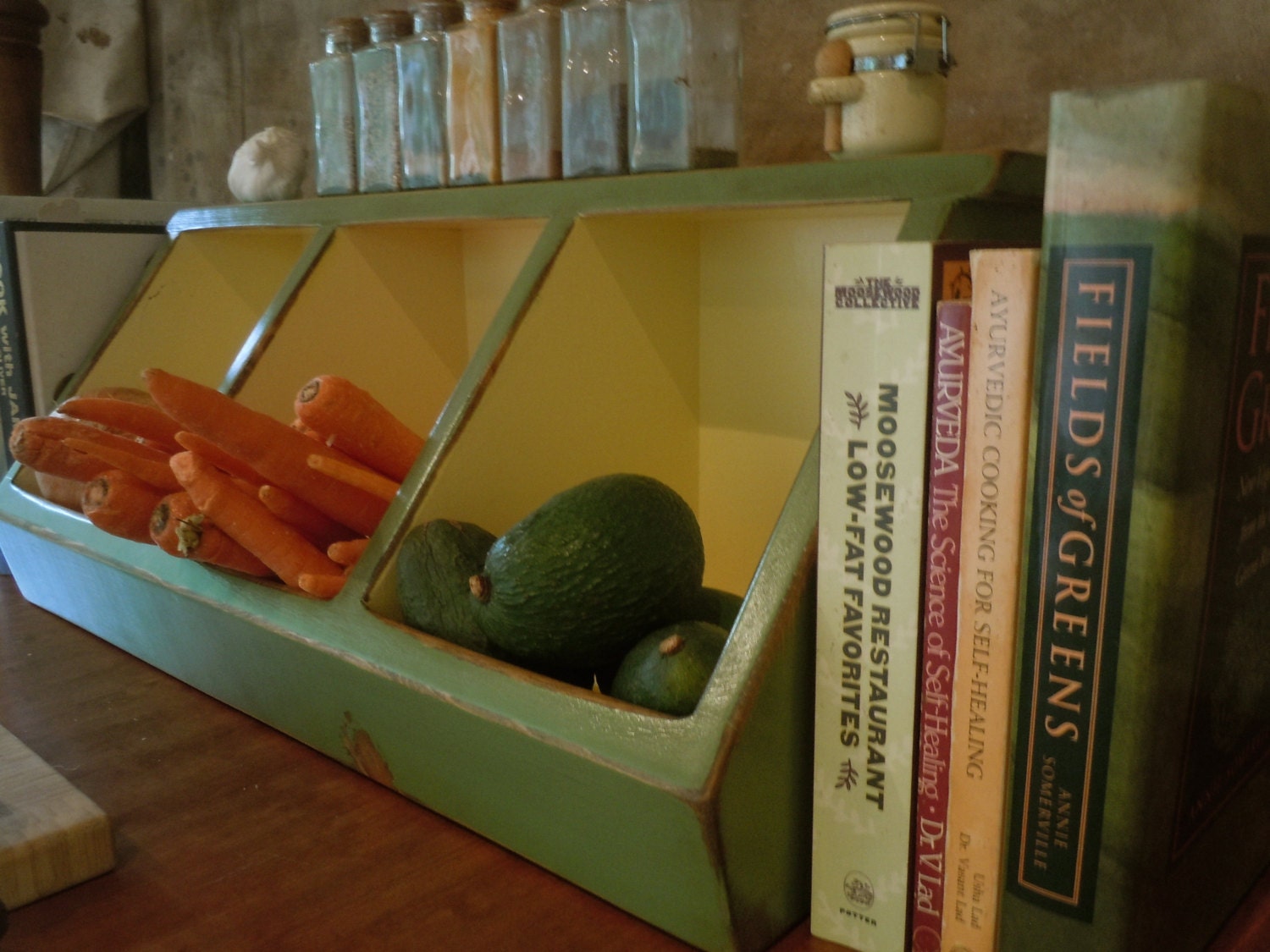EXPEDITED-Kitchen Counter Storage Box-3 Bin Cubbie in New Leaf Green and Creamy Yellow