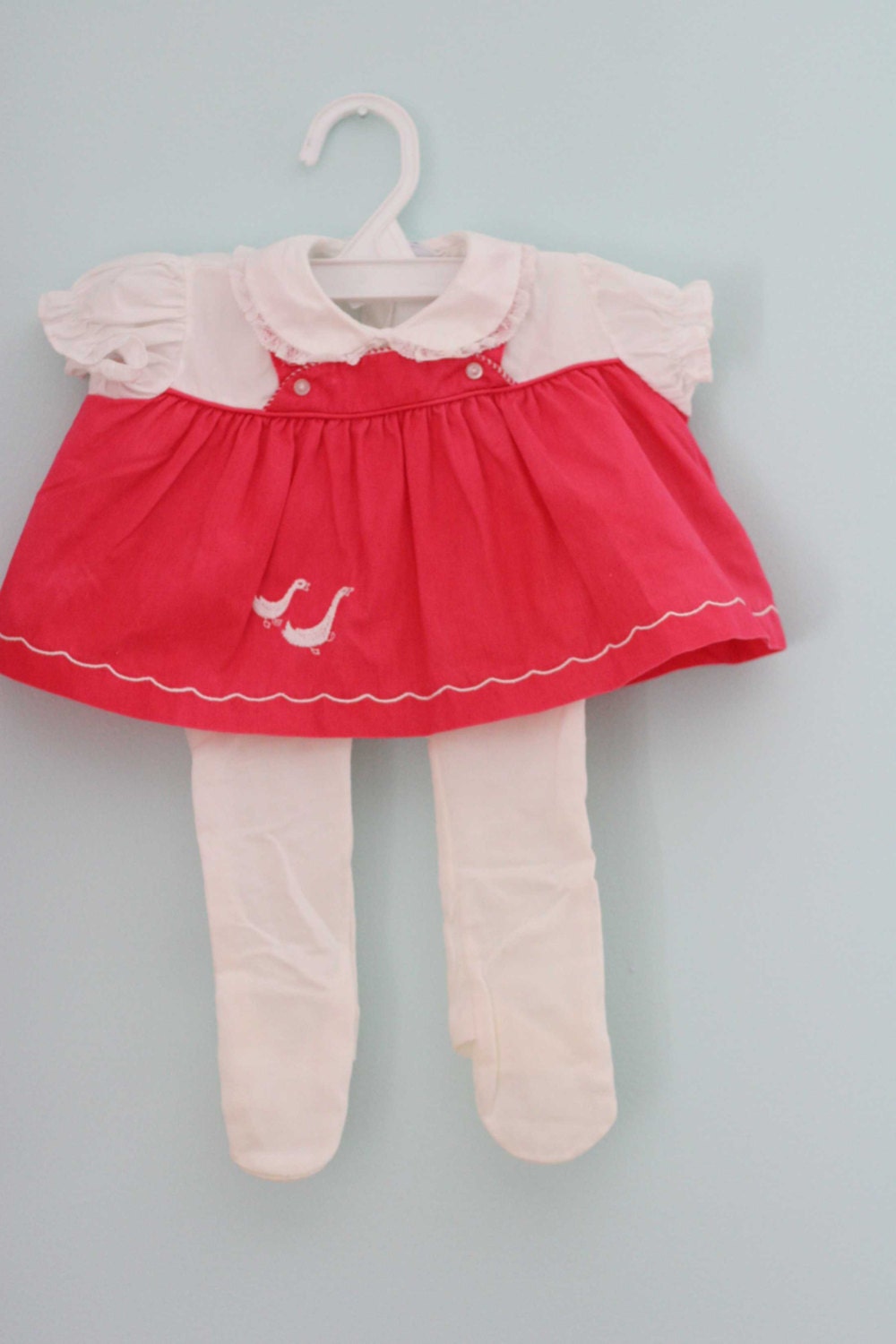 Vintage Carter's Baby Girl Dress with Goose Applique and Matching Lace Tights Diaper Cover 0-3mo.